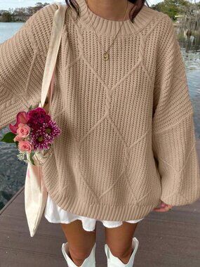 Khaki Casual Women's Loose Long Sleeve Thick Knit Crew Neck Pullover Sweater